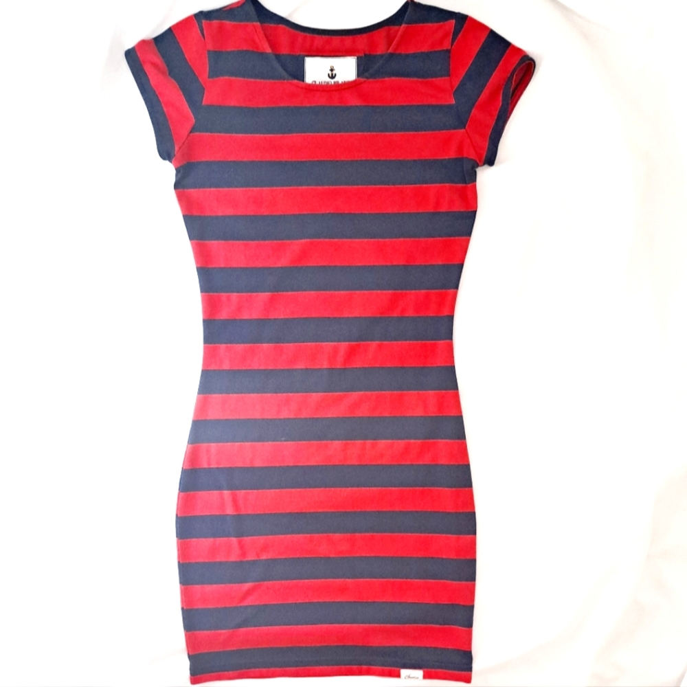 Claudio Milano Red and Navy Stripe Fitted Shirt Rugby Dress